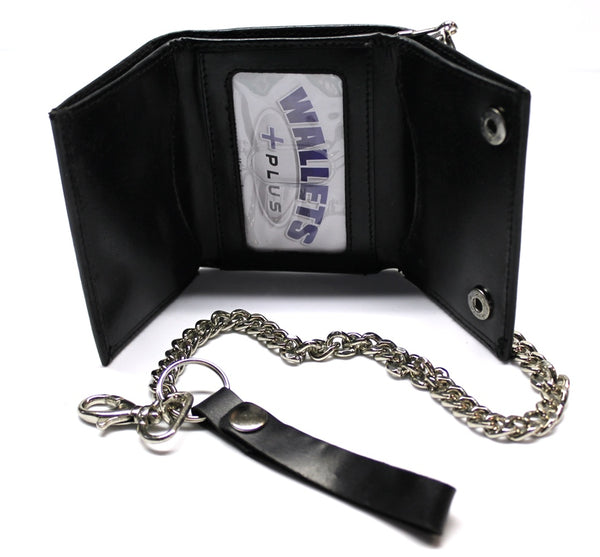 Leather Trifold Biker Wallet with Chain and ID Window- Black