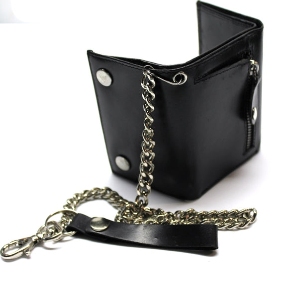 Leather Trifold Biker Wallet with Chain and ID Window- Black