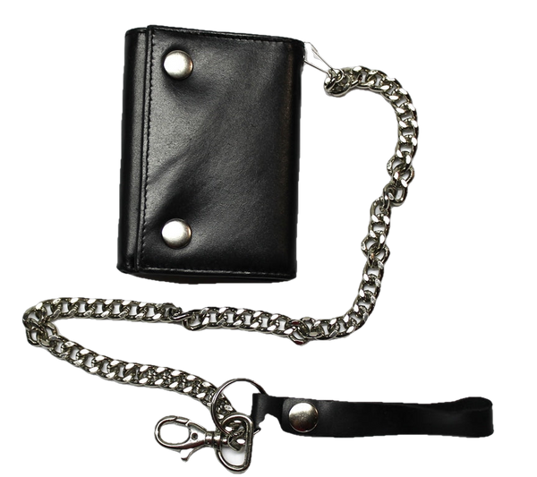 Leather Trifold Biker Wallet with Chain and ID Window- Black