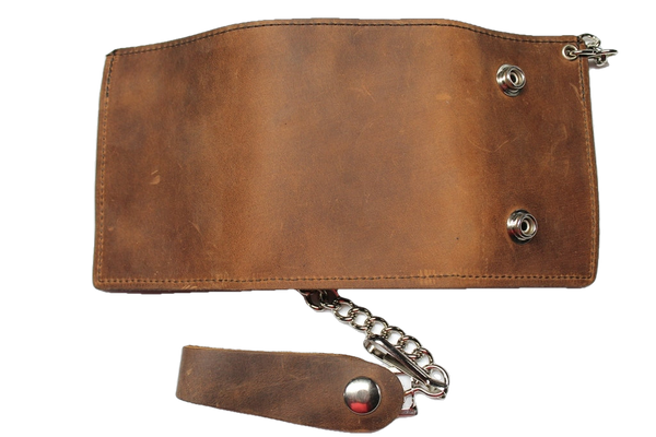 Crazy Horse Cowhide Trifold Biker Wallet with Chain