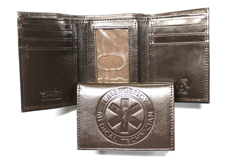 EMT Embossed Trifold Wallet Emergency Medical Tech- Dark Brown "Antique Leather"