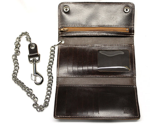Biker Clutch Style Wallet with Chain - Brown Leather