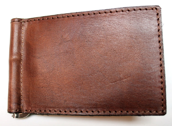 Veg Tan Leather Money Clip Wallet With Center Spring Clip - Brown