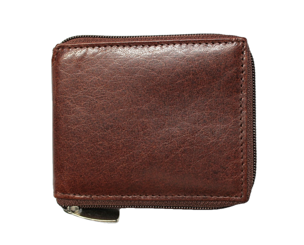 Leather Zip Around Billfold with RFID Protection - Brown
