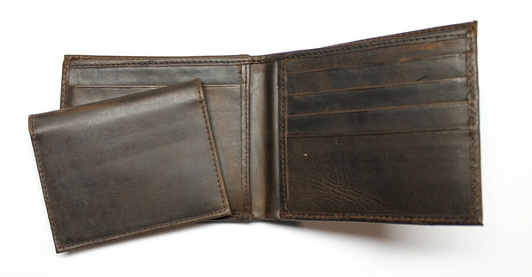 Tire Track Embossed Billfold Style Wallet - Dark Brown Leather