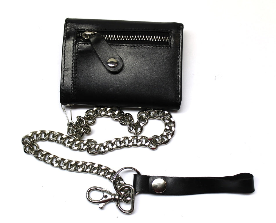 Leather Trifold Biker Wallet with Chain and ID Window- Black – Wallets Plus