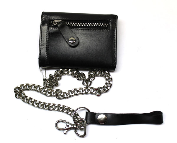 Leather Trifold Biker Wallet with Chain and ID Window- Black