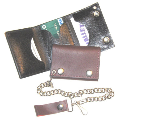 4  inch Leather Trifold Biker Wallet with Chain - Brown - USA MADE