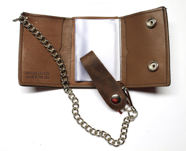 Crazy Horse Cowhide Trifold Biker Wallet with Chain