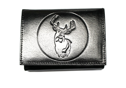 Deer Hunting Trifold Wallet Black Leather Embossed