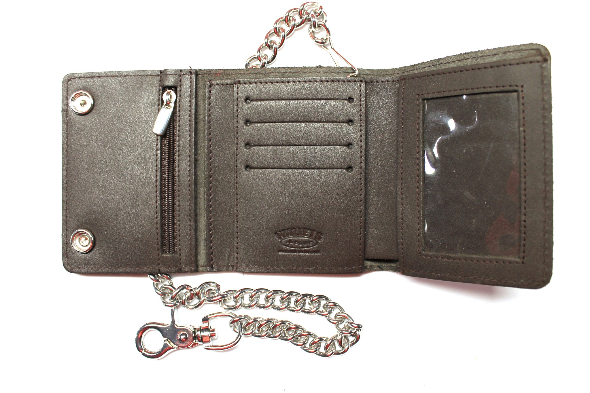 Premium Leather Trifold Biker Wallet with Chain and ID Window - Dark Brown