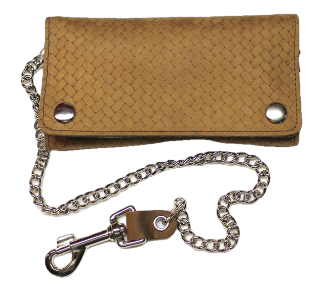 Basket Weave Leather Checkbook Wallet with Chain - Brown