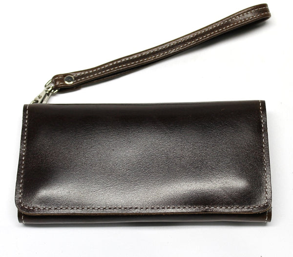 Biker Clutch Style Wallet with Wrist Strap - Brown Leather