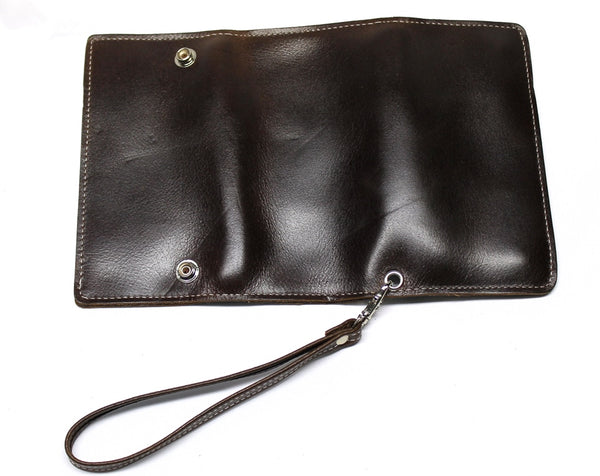 Biker Clutch Style Wallet with Wrist Strap - Brown Leather
