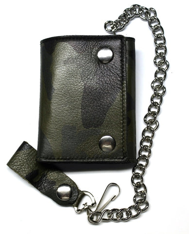 Camo Leather Trifold with Chain - Green Camo