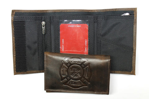 Fire Fighter Leather and Nylon Trifold Wallet - Dark Brown