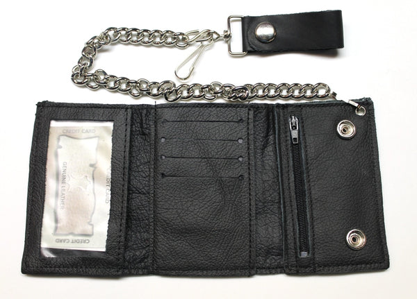 Basket Weave Trifold Wallet with Chain - Black