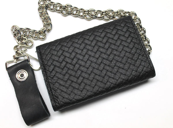 Basket Weave Trifold Wallet with Chain - Black