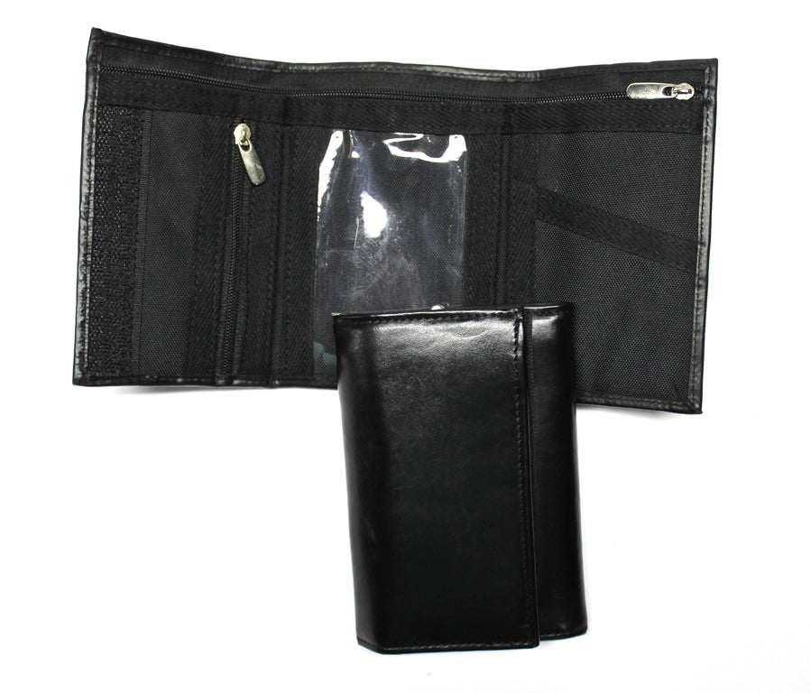 Leather and Nylon Trifold Wallet - Black
