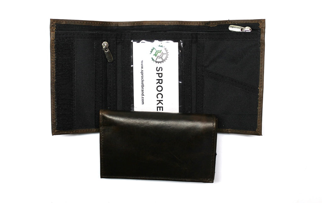 Leather and Nylon Trifold Wallet with Coin Pocket - Dark Brown