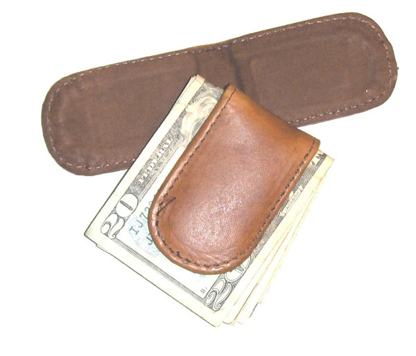 Leather Magnetic Money Clip - Light Brown USA MADE