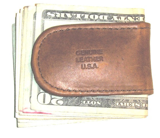 Leather Magnetic Money Clip - Light Brown USA MADE