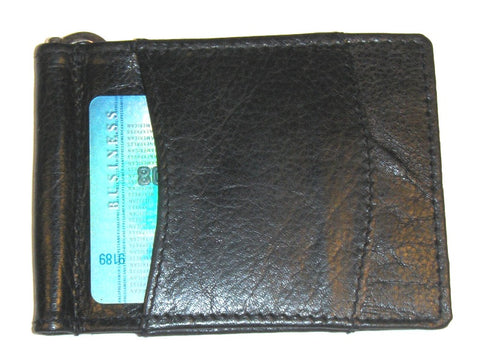 Leather Money Clip Wallet With Center Spring Clip - Black