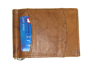 Leather Money Clip Wallet With Center Spring Clip - Brown