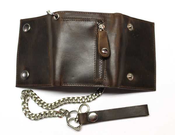 Leather Trifold Biker Wallet with Chain and ID Window - Dark Brown