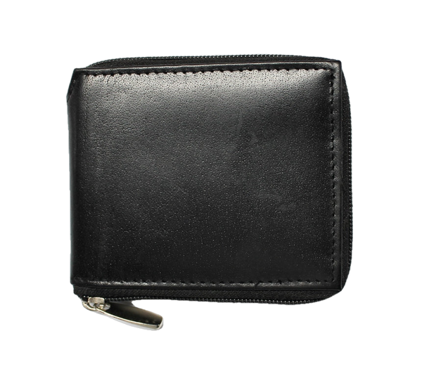 Leather Zip Around Billfold with RFID Protection - Black