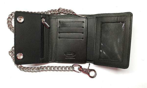 Premium Leather Trifold Biker Wallet with Chain and ID Window - Black