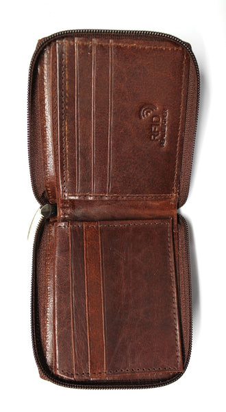 Leather Zip Around Billfold with RFID Protection - Brown