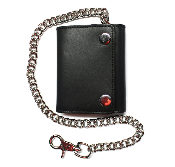 Premium Leather Trifold Biker Wallet with Chain and ID Window - Black
