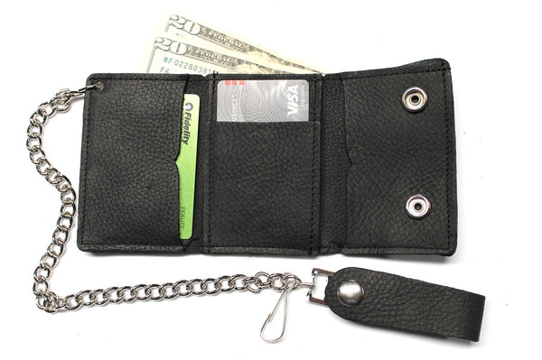 Super Soft Leather Trifold Biker Wallet with Chain - Black