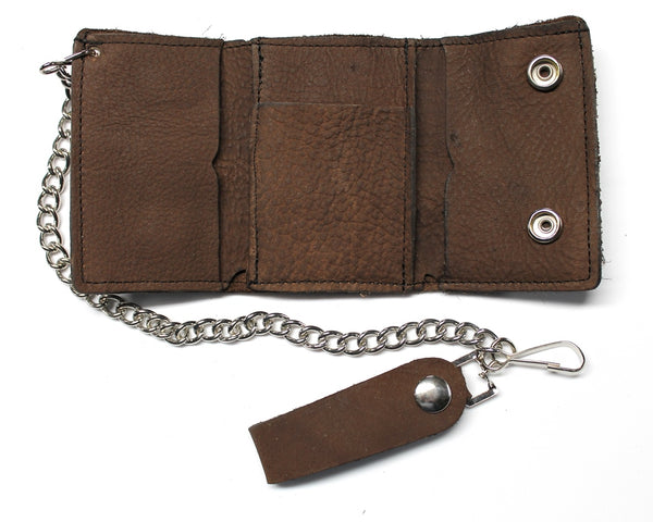 Super Soft Leather Trifold Biker Wallet with Chain - Brown