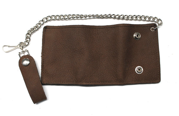 Super Soft Leather Trifold Biker Wallet with Chain - Brown