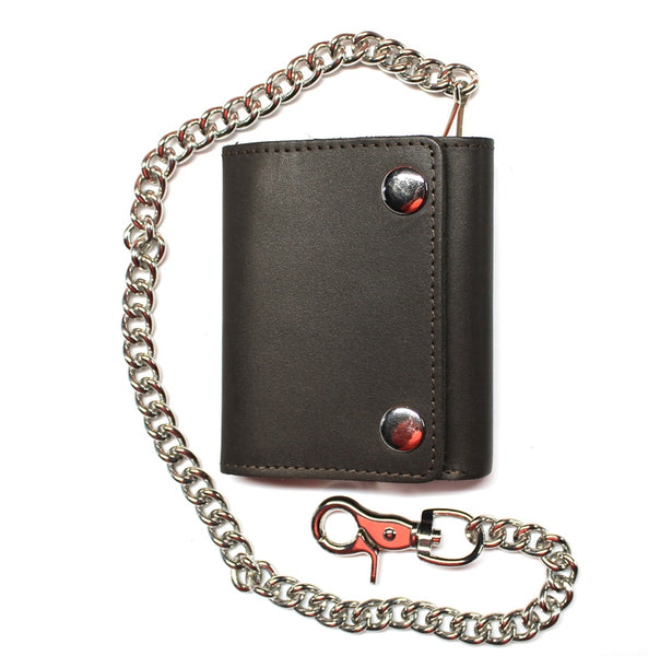 Premium Leather Trifold Biker Wallet with Chain and ID Window - Dark Brown