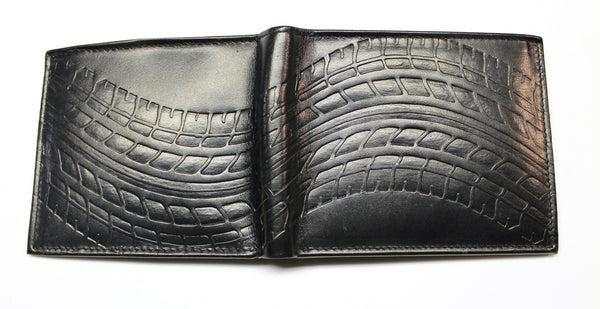 Tire Track Embossed Billfold Style Wallet - Black Leather