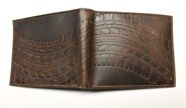 Tire Track Embossed Billfold Style Wallet - Dark Brown Leather